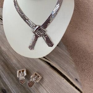 VTG 1980s Silver Mesh Buckle Necklace + Earrings 2 Pc